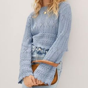 Mango Crochet Sweater Light Blue Flare Sleeves Cropped